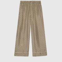 Gucci Men GG Supreme Silk Pant Beige Ebony Piped Unlined Elastic Waist Two Side Pockets Wide Leg (2)