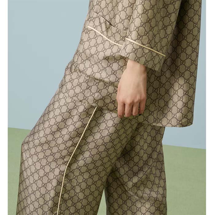 Gucci Men GG Supreme Silk Pant Beige Ebony Piped Unlined Elastic Waist Two Side Pockets Wide Leg (3)