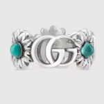 Gucci Unisex Double G Mother Of Pearl Ring Flowers Resin Blue Topaz Stones 925 Sterling Silver