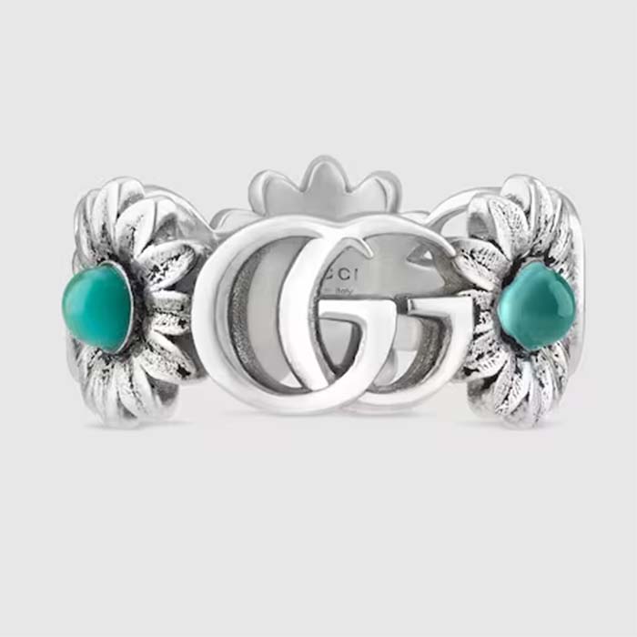 Gucci Unisex Double G Mother Of Pearl Ring Flowers Resin Blue Topaz Stones 925 Sterling Silver