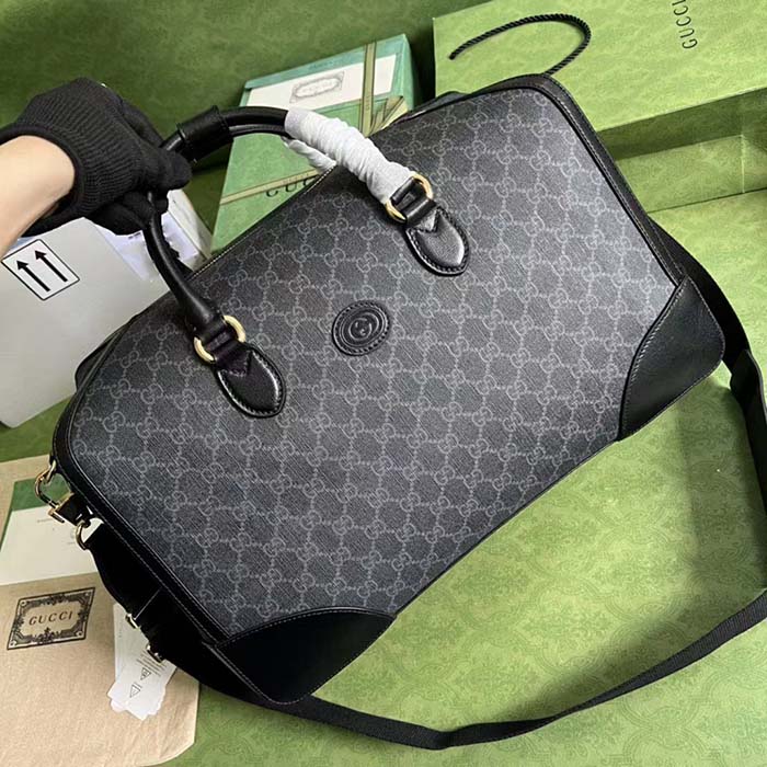 Gucci Unisex Duffle Bag Interlocking G Black GG Supreme Canvas Black Leather (10)