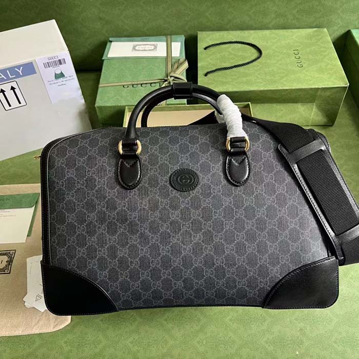 Gucci Unisex Duffle Bag Interlocking G Black GG Supreme Canvas Black Leather (4)