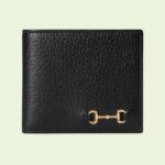 Portafoglio unisex Gucci GG Bi-Fold in pelle nera con morsetto, finiture dorate, fodera in moiré