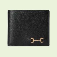 Gucci Unisex GG Bi-Fold Wallet Horsebit Black Leather Gold-Toned Hardware Moiré Lining