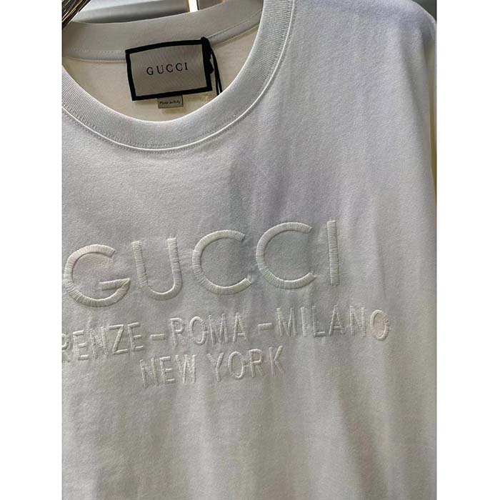Gucci Unisex GG Cotton Jersey T-Shirt Off White Heavy Cities Embroidery Crewneck Short Sleeves Oversize Fit (10)