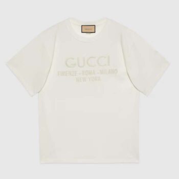 Gucci Men GG Cotton Jersey T-Shirt Off White Heavy Cities Embroidery Crewneck Short Sleeves Oversize Fit