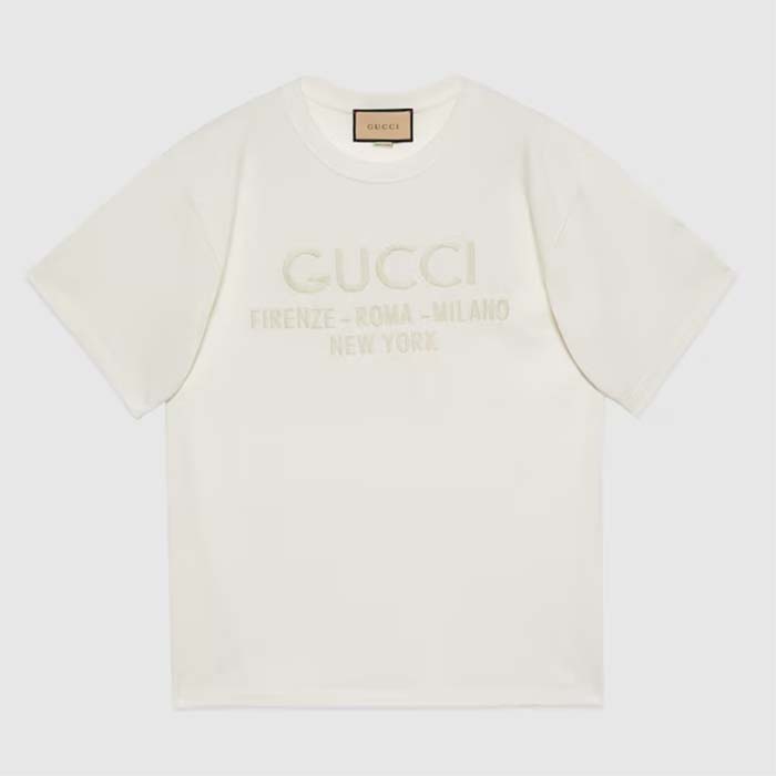Gucci Men GG Cotton Jersey T-Shirt Off White Heavy Cities Embroidery Crewneck Short Sleeves Oversize Fit