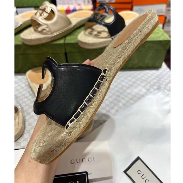 Gucci Unisex GG Interlocking G Cut-Out Slide Sandal Black Leather Low 3 CM Heel (4)