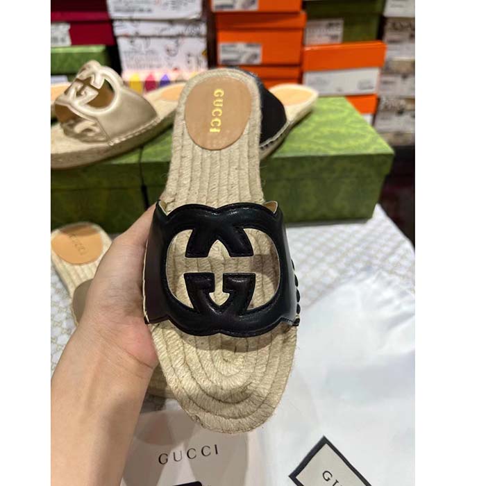 Gucci Unisex GG Interlocking G Cut-Out Slide Sandal Black Leather Low 3 CM Heel (6)
