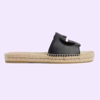 Gucci Unisex GG Interlocking G Cut-Out Slide Sandal Black Leather Low 3 CM Heel (7)