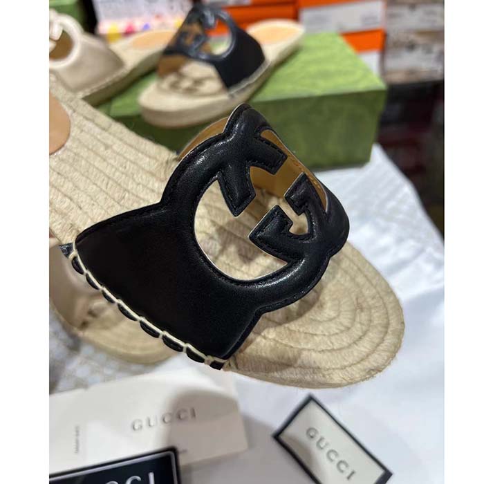 Gucci Unisex GG Interlocking G Cut-Out Slide Sandal Black Leather Low 3 CM Heel (9)