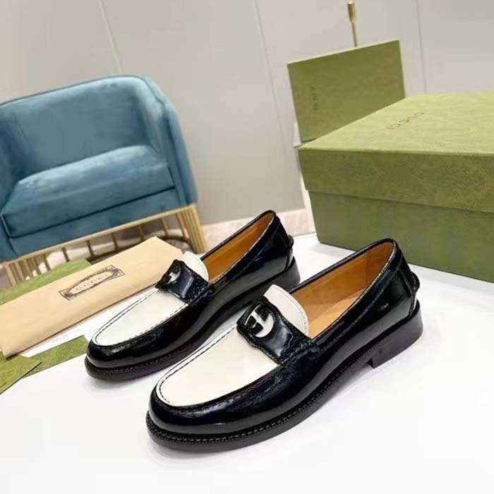 Gucci Unisex GG Interlocking G Loafer Black White Leather Sole Flat 1.5 CM Heel (12)