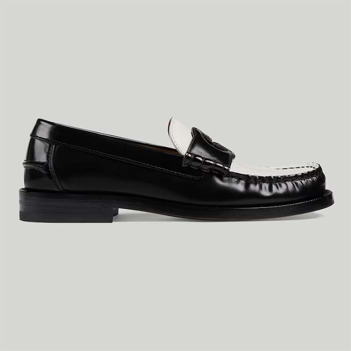 Gucci Unisex GG Interlocking G Loafer Black White Leather Sole Flat 1.5 CM Heel