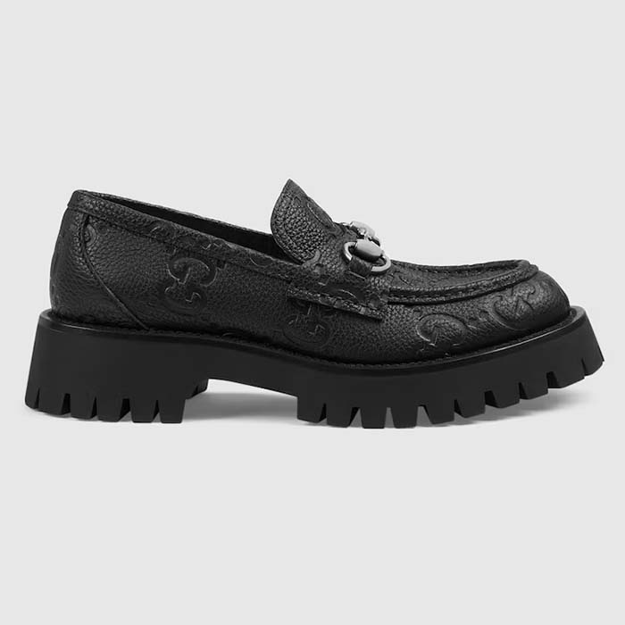 Gucci Unisex GG Lug Loafer Black GG Leather Horsebit Rubber Sole 1.5 CM Heel Height