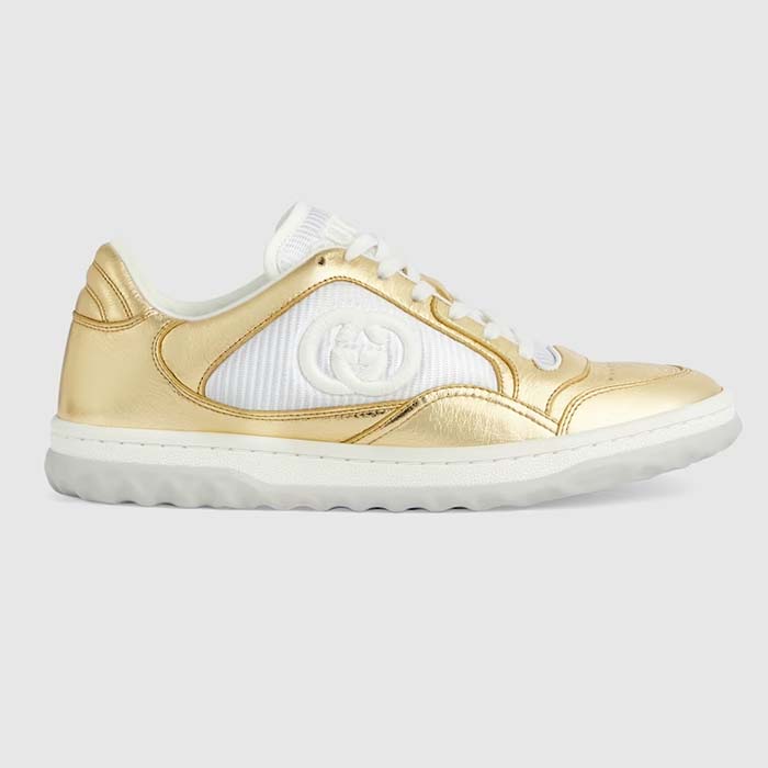 Gucci Unisex GG MAC80 Sneaker Metallic Gold Leather Interlocking G Embroidery Round Toe Rubber Flat