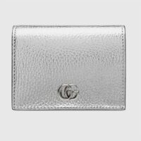 Gucci Unisex GG Marmont Card Case Wallet Metallic Silver Leather Double G (9)