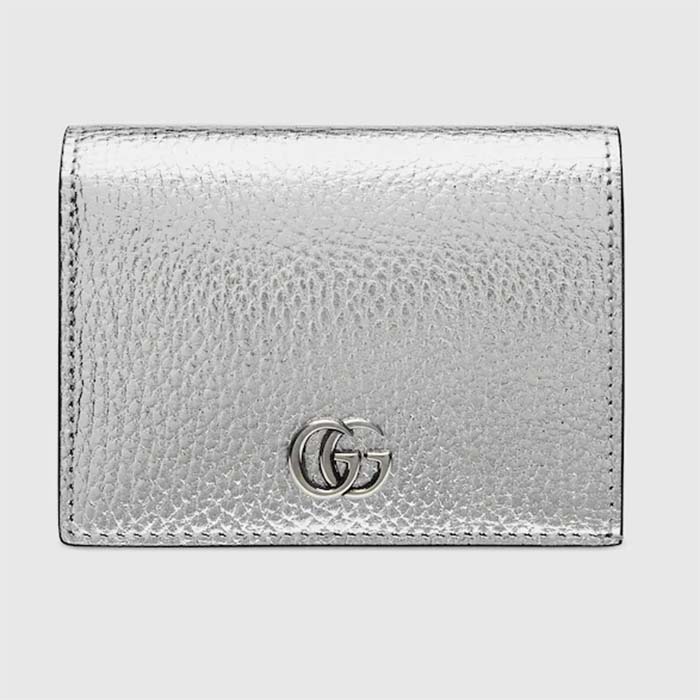 Gucci Unisex GG Marmont Card Case Wallet Metallic Silver Leather Double G
