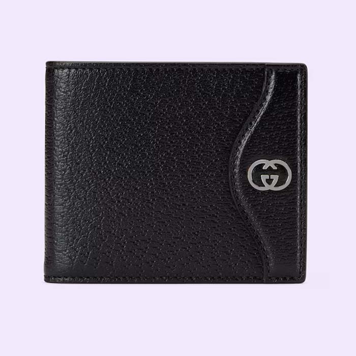 Gucci Unisex GG Wallet Interlocking G Black Leather Palladium-Toned Hardware Moiré Lining