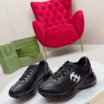 Gucci Unisex Interlocking G Rhyton Sneakers Black Leather White Cut-Out Rubber Sole - Image 4