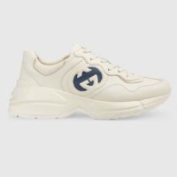 Gucci Unisex Interlocking G Rhyton Sneakers Ivory Leather Navy Cut-Out Rubber Sole (5)