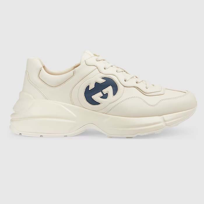 Gucci Unisex Interlocking G Rhyton Sneakers Ivory Leather Navy Cut-Out Rubber Sole