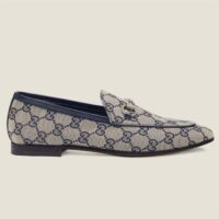 Gucci Unisex Jordaan GG Loafer Beige Blue Original GG Canvas Blue Leather Piping (6)