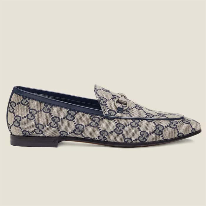 Gucci Unisex Jordaan GG Loafer Beige Blue Original GG Canvas Blue Leather Piping