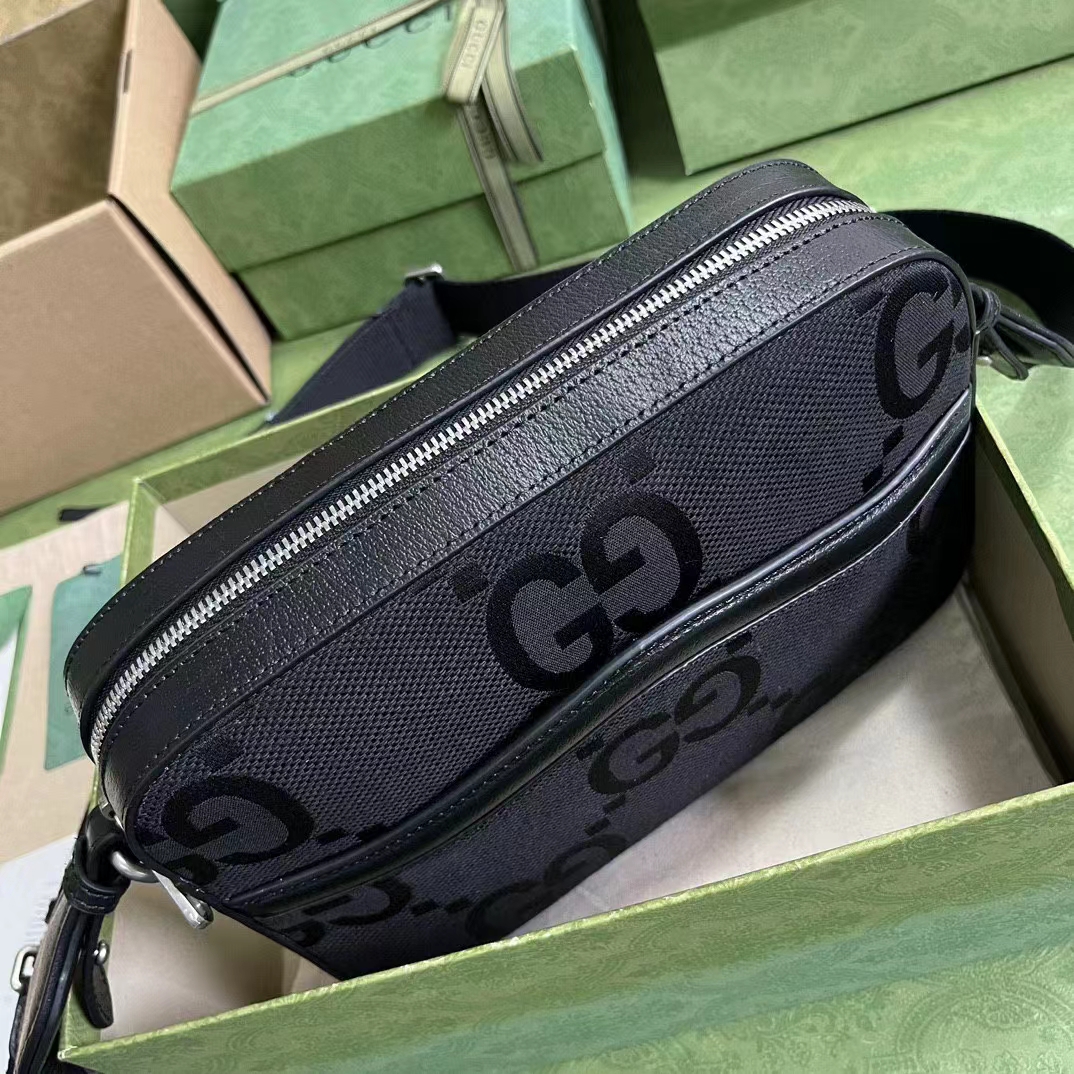 Gucci Unisex Jumbo GG Messenger Bag Black Canvas Leather Zip Closure (1)