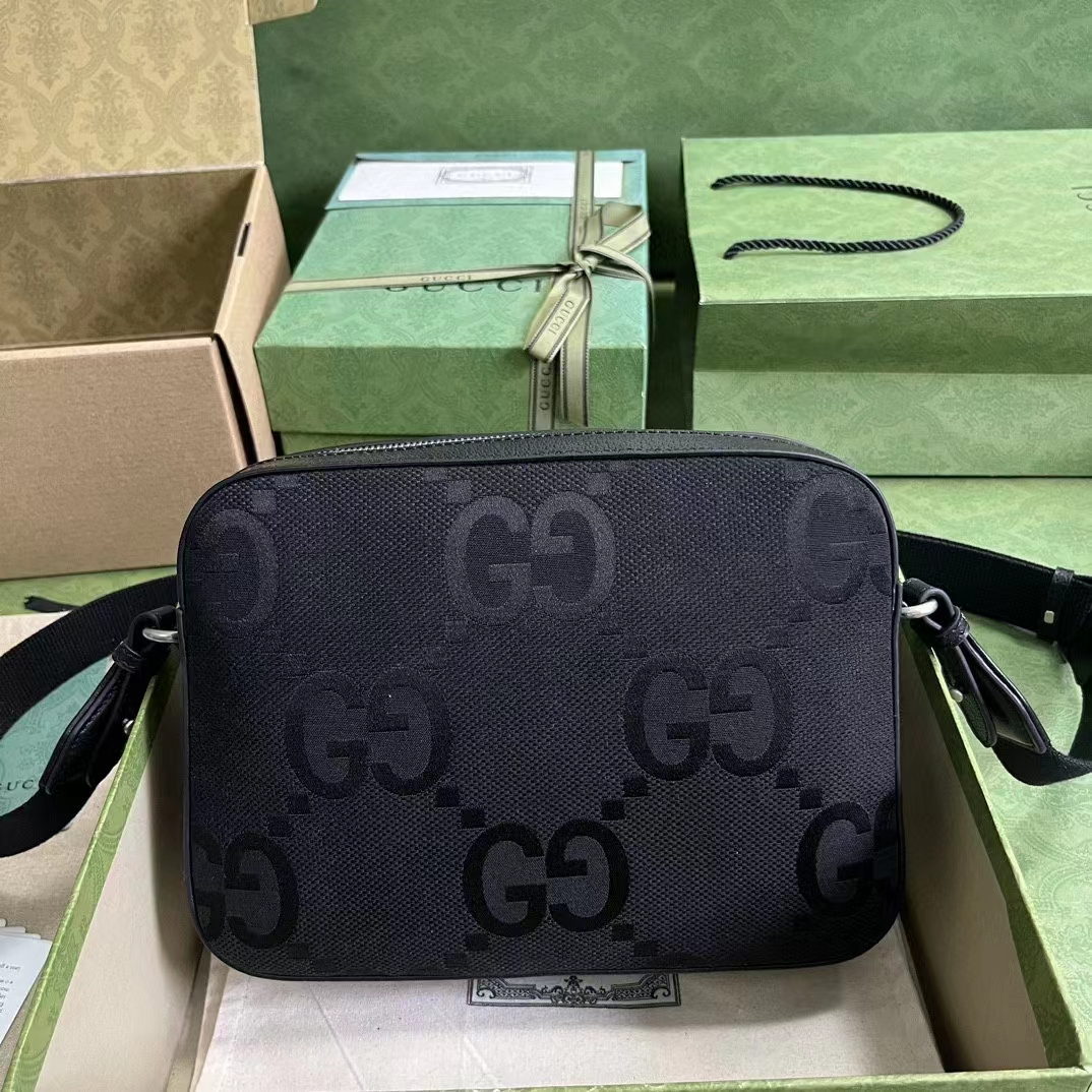 Gucci Unisex Jumbo GG Messenger Bag Black Canvas Leather Zip Closure (10)