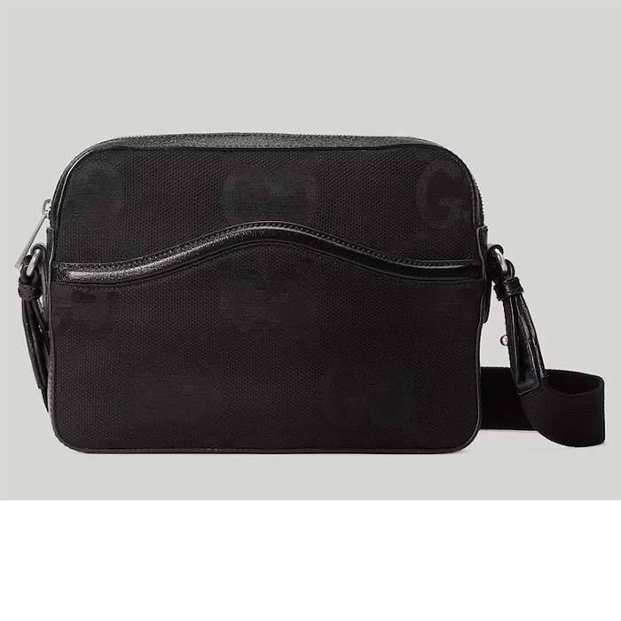 Gucci Unisex Jumbo GG Messenger Bag Black Canvas Leather Zip Closure