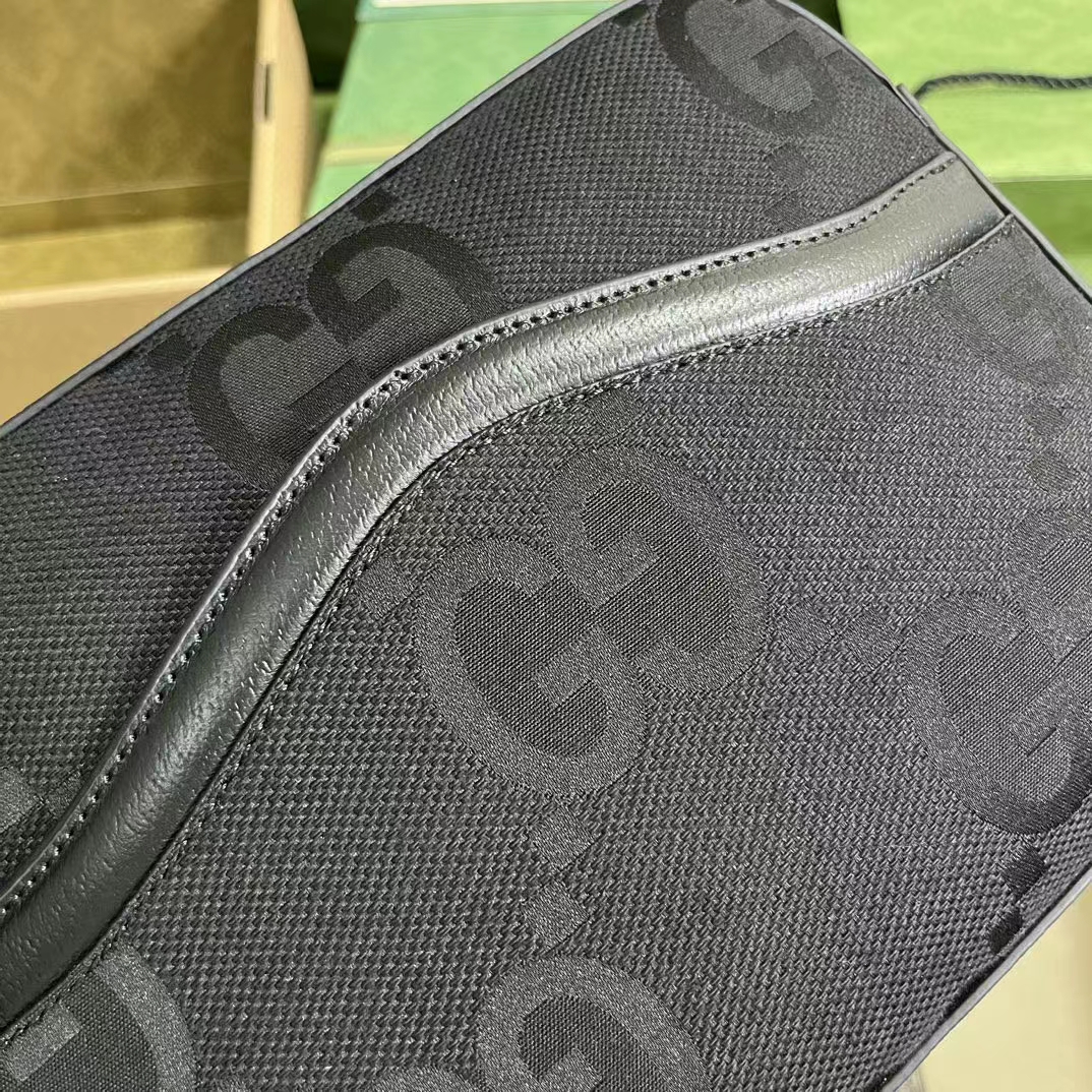 Gucci Unisex Jumbo GG Messenger Bag Black Canvas Leather Zip Closure (6)