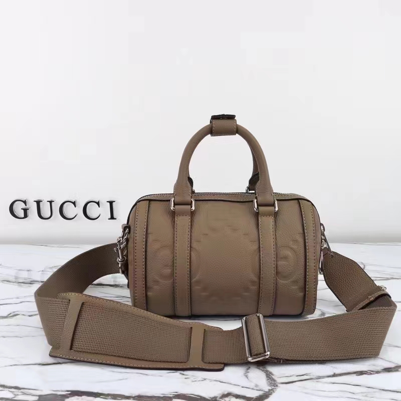 Gucci Unisex Jumbo GG Mini Duffle Bag Taupe Leather Double G Zip Closure (1)