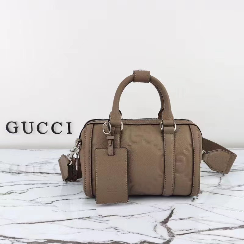 Gucci Unisex Jumbo GG Mini Duffle Bag Taupe Leather Double G Zip Closure (12)