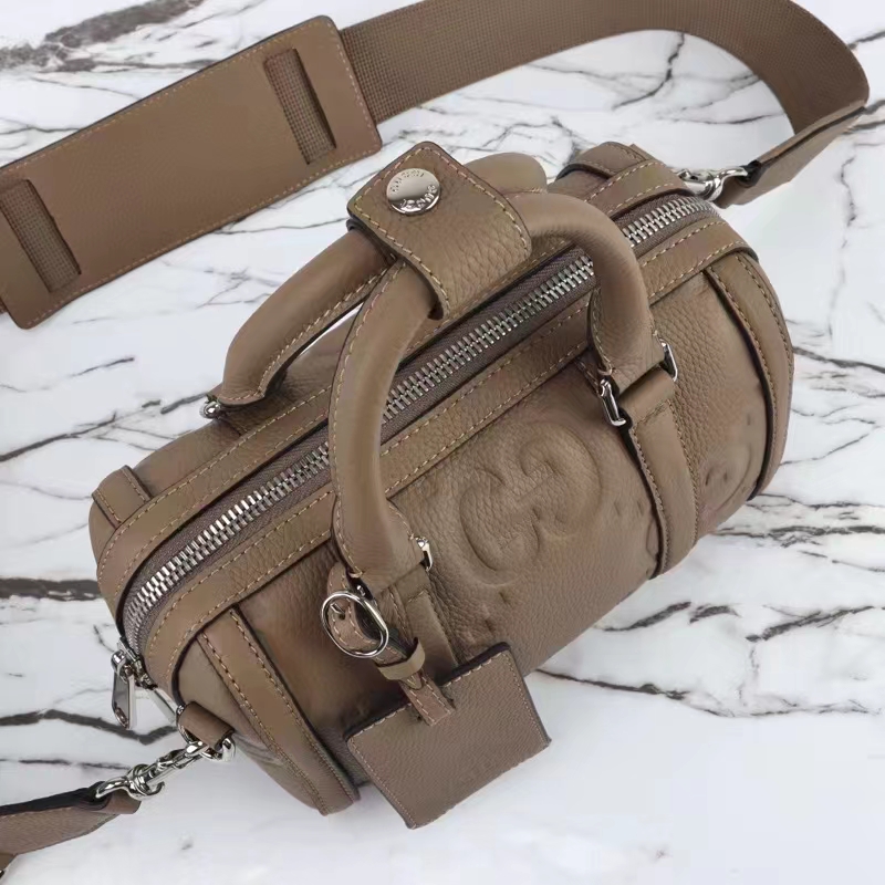 Gucci Unisex Jumbo GG Mini Duffle Bag Taupe Leather Double G Zip Closure (4)