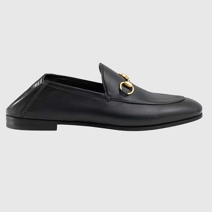 Gucci Unisex Leather Horsebit Loafer Black Slim Shape Sole Flat 1 CM Heel
