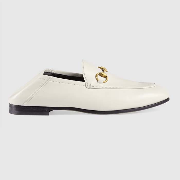 Gucci Unisex Leather Horsebit Loafer White Slim Shape Sole Flat 1 CM Heel