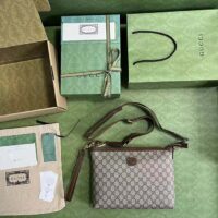 Gucci Unisex Messenger Bag Brown Leather Interlocking G Beige Ebony GG Supreme Canvas (11)