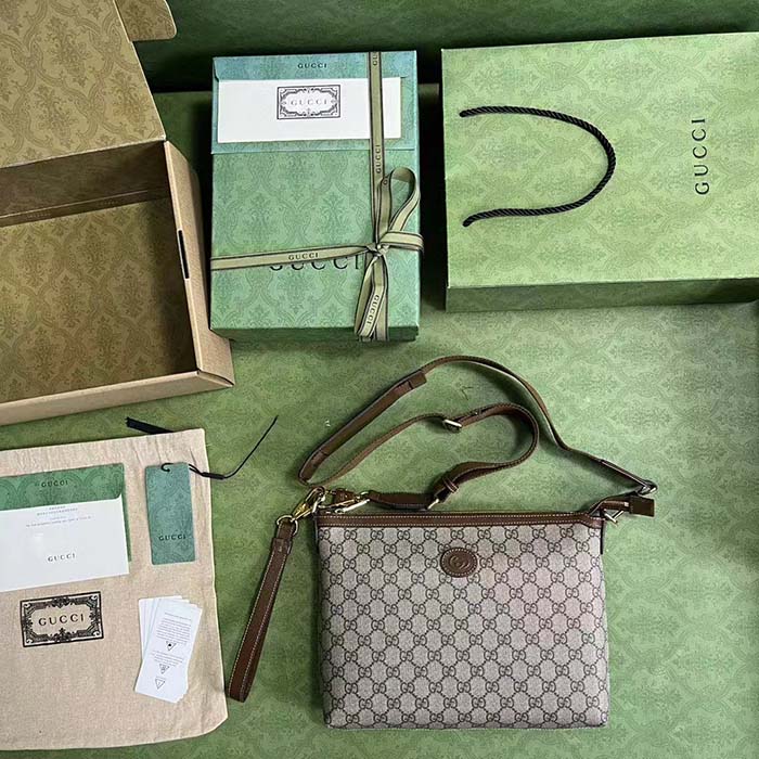 Gucci Unisex Messenger Bag Brown Leather Interlocking G Beige Ebony GG Supreme Canvas (2)