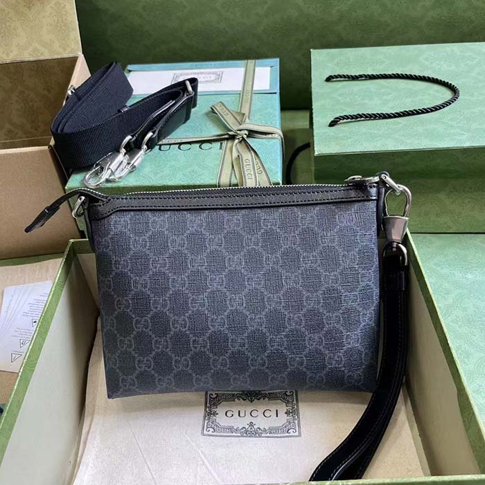 Gucci Unisex Messenger Bag Interlocking G Black Leather GG Supreme Canvas Zip Closure (3)