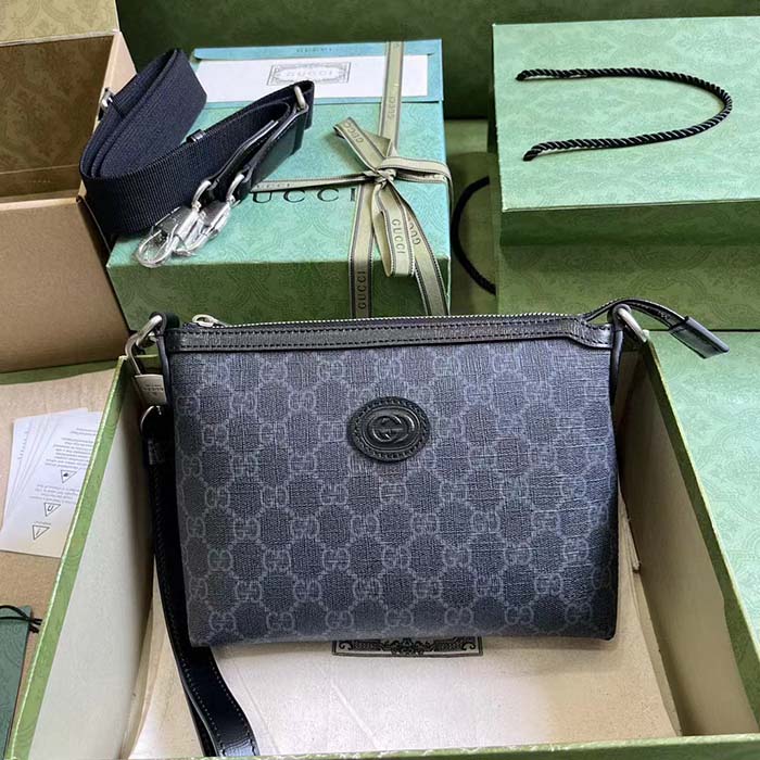 Gucci Unisex Messenger Bag Interlocking G Black Leather GG Supreme Canvas Zip Closure (5)