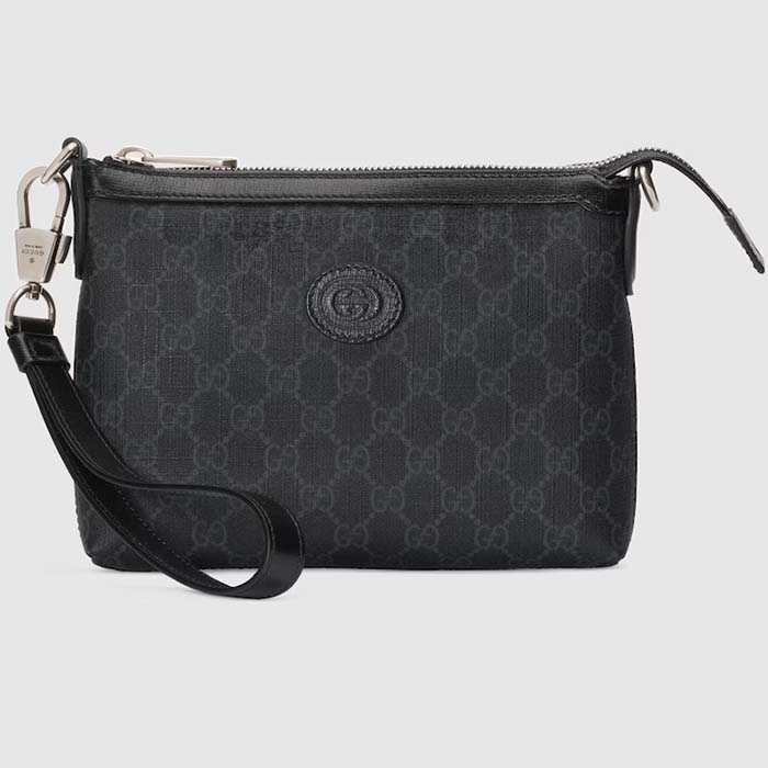 Gucci Unisex Messenger Bag Interlocking G Black Leather GG Supreme Canvas Zip Closure