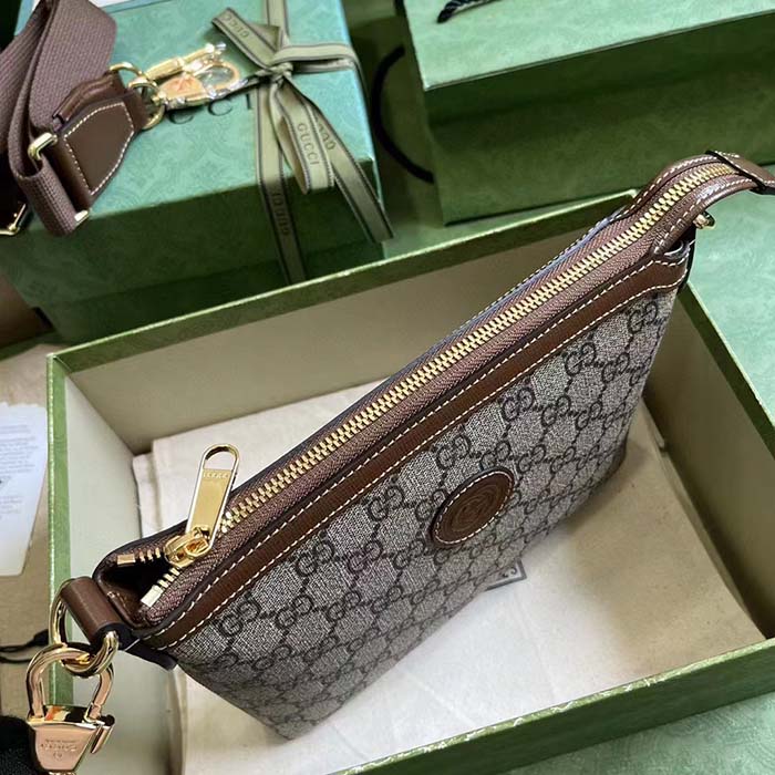 Gucci Unisex Messenger Bag Interlocking G Brown Leather Beige Ebony GG Supreme Canvas (13)