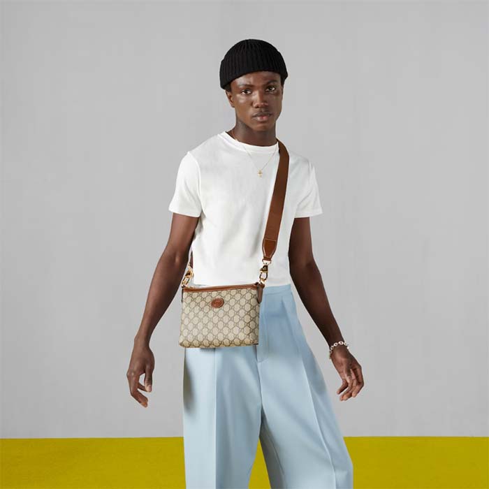 Gucci Unisex Messenger Bag Interlocking G Brown Leather Beige Ebony GG Supreme Canvas (2)