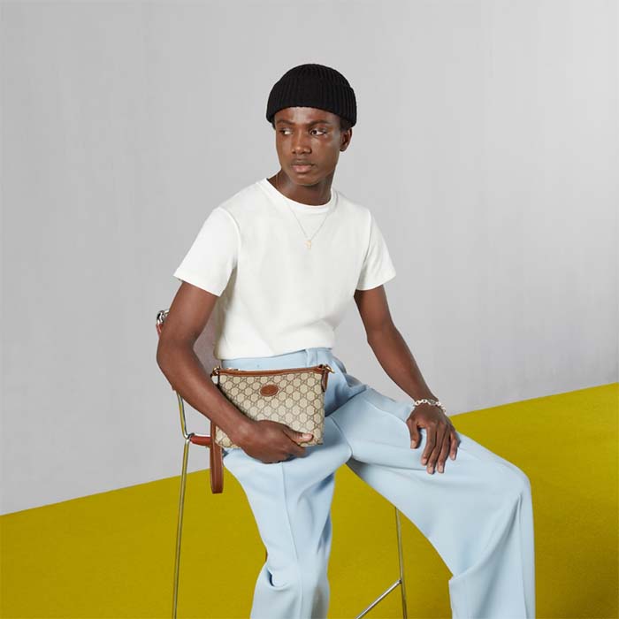 Gucci Unisex Messenger Bag Interlocking G Brown Leather Beige Ebony GG Supreme Canvas (7)