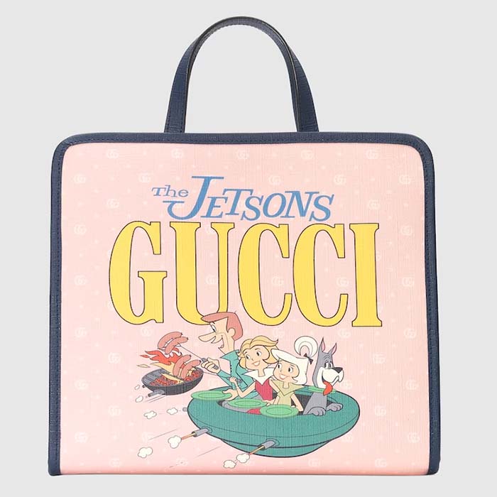 Gucci Unisex Printed Tote Bag Light Pink Double G Stars Supreme Canvas Nylon Lining