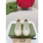 Gucci Unisex Rhyton Sneakers Ivory Leather Pink Interlocking G Cut-Out Rubber Sole - Image 4