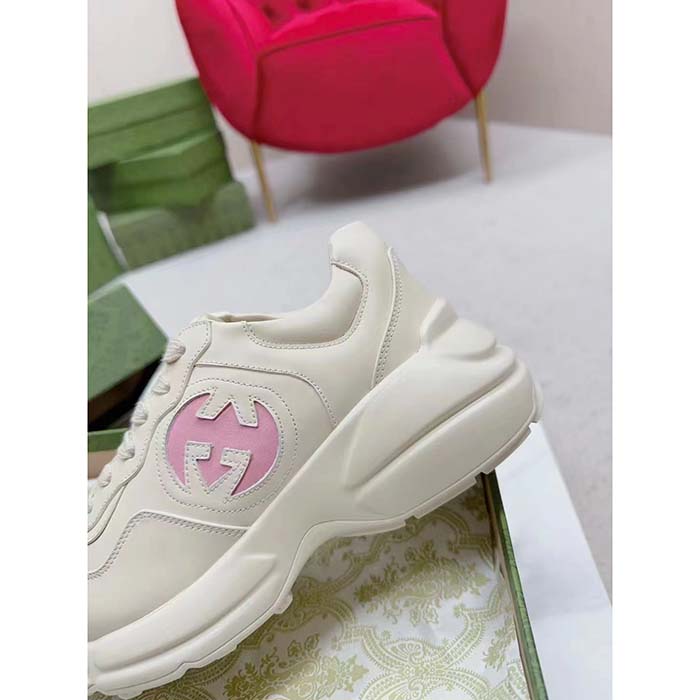 Gucci Unisex Rhyton Sneakers Ivory Leather Pink Interlocking G Cut-Out Rubber Sole (12)