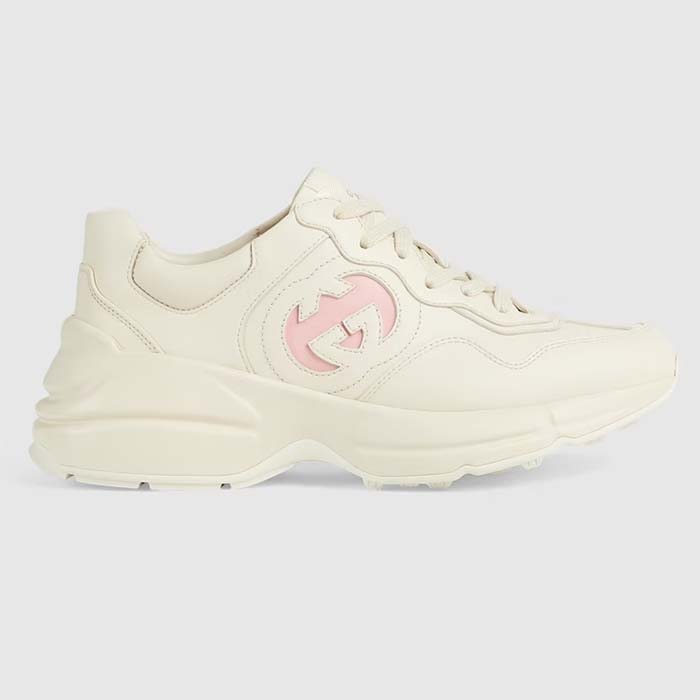 Gucci Unisex Rhyton Sneakers Ivory Leather Pink Interlocking G Cut-Out Rubber Sole