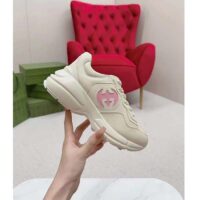 Gucci Unisex Rhyton Sneakers Ivory Leather Pink Interlocking G Cut-Out Rubber Sole (2)