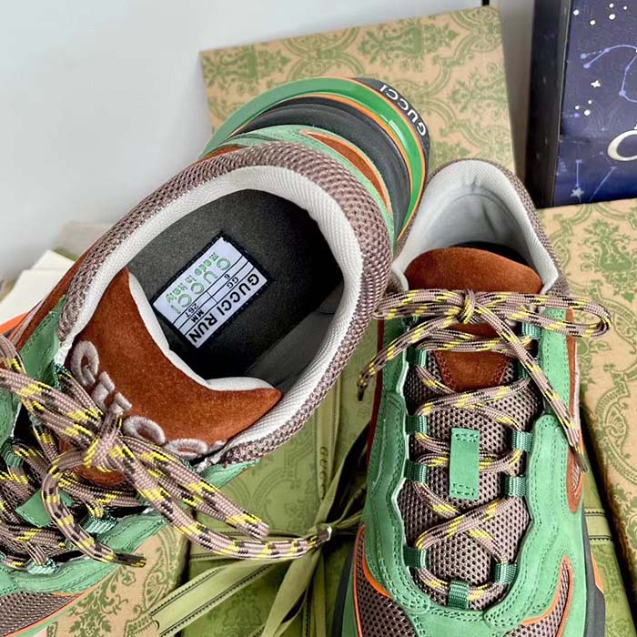 Gucci Unisex Run Sneaker Green Brown Suede Interlocking G Bi-Color Rubbe Low Heel (1)